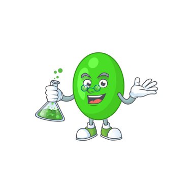 Tetrad zeki Profesör Çizgi film karakteri laboratuarda cam tüp tutuyor.