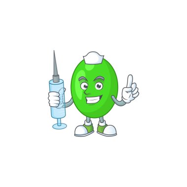 Mütevazı bir hemşire tetrad çizgi film karakteri elinde şırınga tutuyor.