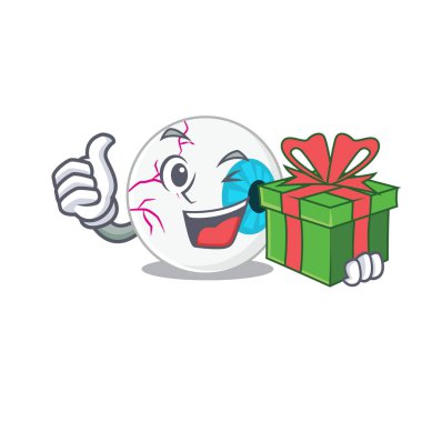 Büyük bir hediye kutusu olan neşeli bir çizgi film karakteri.