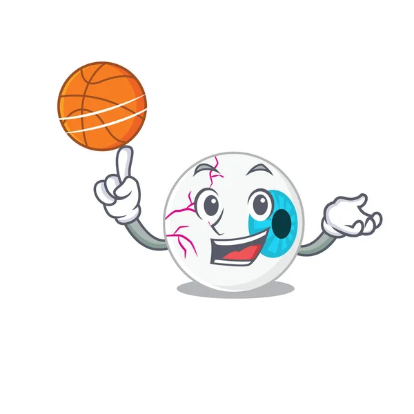 Sportig tecknad maskot design av ögonglob med basket — Stock vektor
