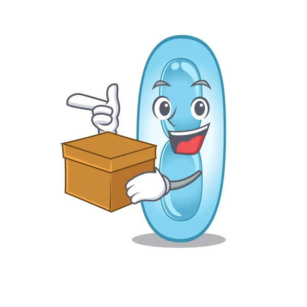 Een vrolijk klebsiella pneumoniae cartoon ontwerp concept met een doos — Stockvector