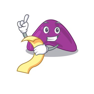 Elinde menü olan Adrenal maskotu karakteri.