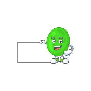 Cocci çizgi filmi beyaz tahta tutarak başparmak çiziyor. Vektör illüstrasyonu