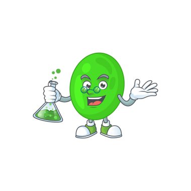 Cocci zeki Profesör Çizgi Film karakteri laboratuarda cam tüp tutuyor. Vektör illüstrasyonu