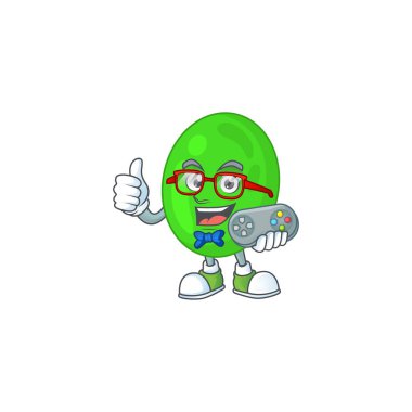 Coci 'nin maskot tasarımı kontrolörle bir oyun oynuyor. Vektör illüstrasyonu