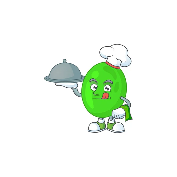 Projeto Mascote Desenho Animado Chef Cocci Com Chapéu Bandeja Ilustração — Vetor de Stock