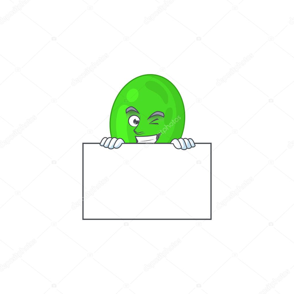 Mascot design style of cocci standing behind a board. Vector illustration