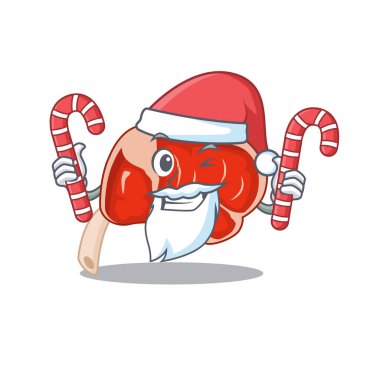 Noel karikatür karakteri ve Noel şekeri giymiş arkadaş canlısı pirzola.