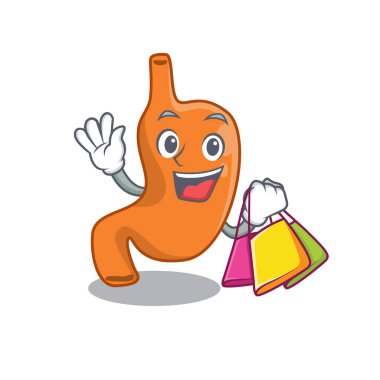 Zengin mide çizgi film karakteri alışveriş torbalarıyla