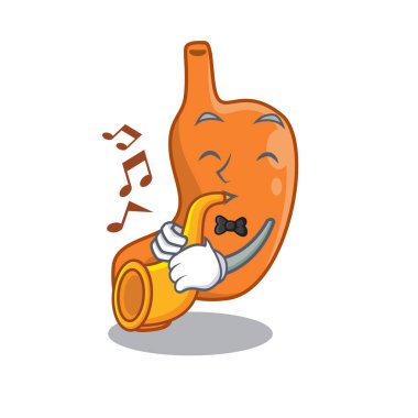 Karikatür dizaynının mide müzisyeni trompet çalıyor.