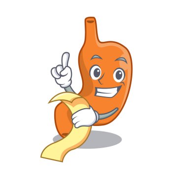 Mide maskotu tarzı, elinde menü var.