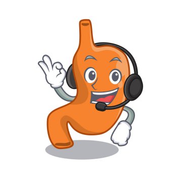 Kulaklık takan çarpıcı bir mide maskotu karakteri konsepti.