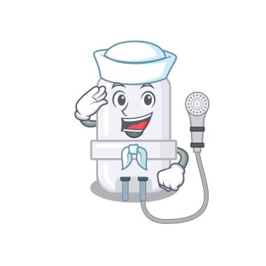 Elektrikli su ısıtıcısının beyaz şapkalı ve kravatlı gülen denizci çizgi film karakteri.