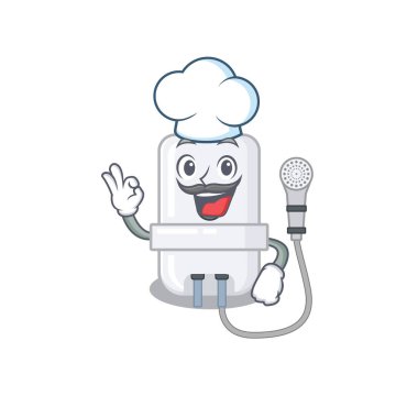 Yetenekli elektrikli su ısıtıcısı şef çizgi film şefi, şef şapkası takıyor.