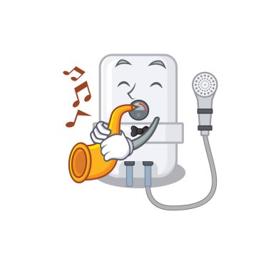 karikatür dizaynında trompet çalan elektrikli su ısıtıcısı müzisyeni.