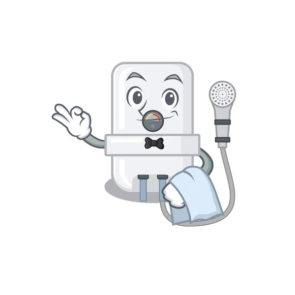 Una imagen de dibujos animados del calentador de agua eléctrico camarero con una servilleta blanca — Vector de stock