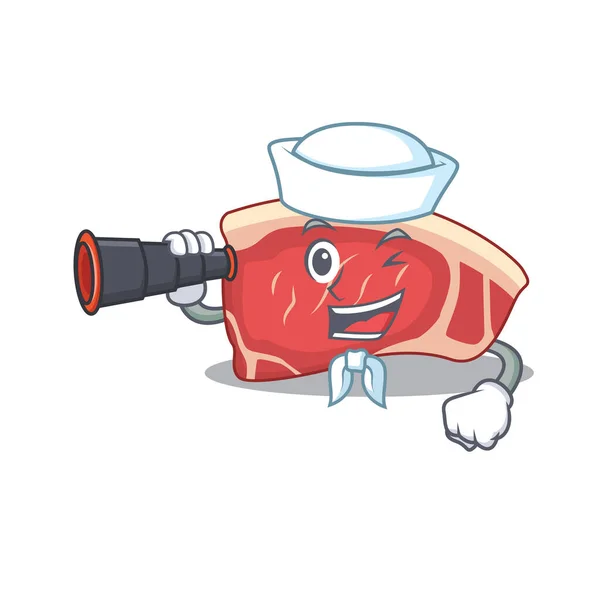 Una foto cartone animato di filetto marinaio utilizzando binocolo — Vettoriale Stock