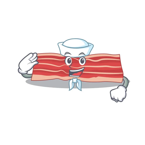 Smiley marinheiro personagem de desenho animado de bacon vestindo chapéu branco e gravata — Vetor de Stock