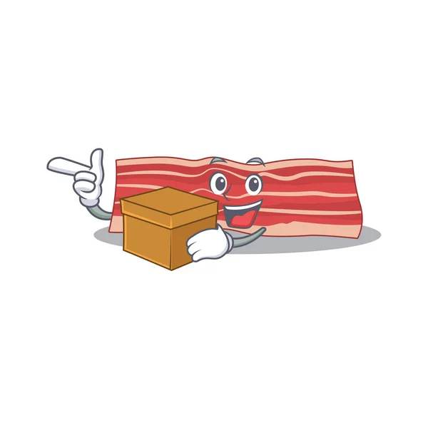 Um conceito de desenho animado bacon alegre que tem uma caixa — Vetor de Stock