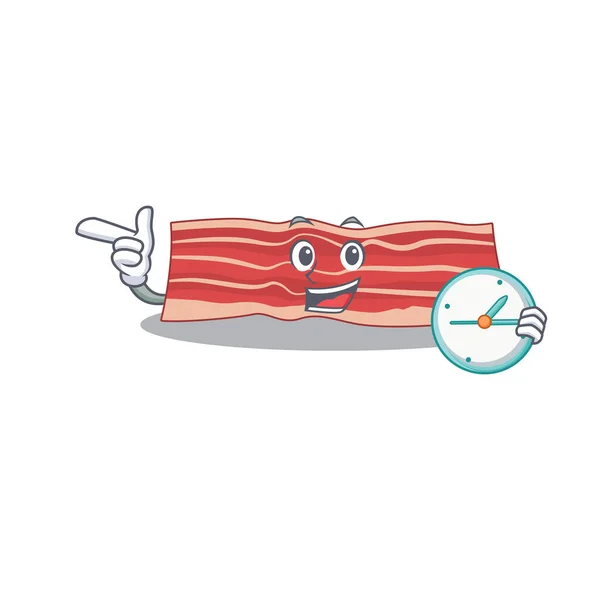 Style de conception de mascotte de bacon debout avec tenant une horloge — Image vectorielle