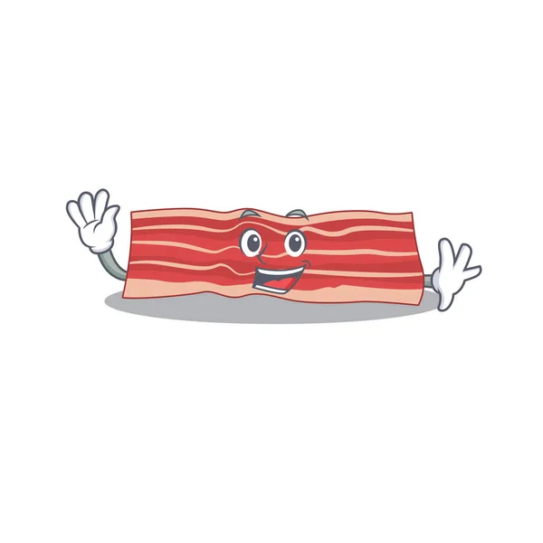 Une charmante mascotte de bacon de style design souriant et agitant la main — Image vectorielle