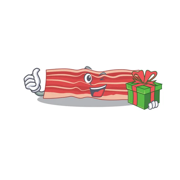 Joyeux personnage de dessin animé bacon avec une grande boîte cadeau — Image vectorielle