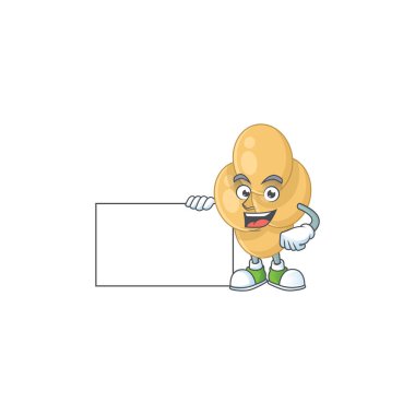 Bordetella pertusis karikatürü beyaz tahta tutarak başparmak çiziyor. Vektör illüstrasyonu