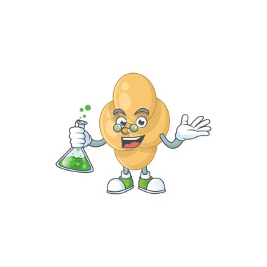 Bordetella pertussis zeki Profesör Karikatür karakteri laboratuarda cam tüp tutuyor. Vektör illüstrasyonu