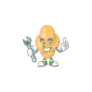 Akıllı bir tamirci bordetella pertusis çizgi film maskot tasarımı bozuk bir makineyi tamir eder. Vektör illüstrasyonu