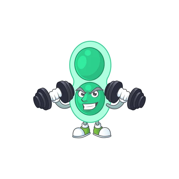 Imagen Caricatura Estreptococo Pneumoniae Verde Haciendo Ejercicio Con Pesas Gimnasio — Vector de stock