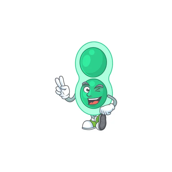 Smiling Green Streptococcus Pneumoniae Cartoon Mascot Style Two Fingers Vector — Stock Vector