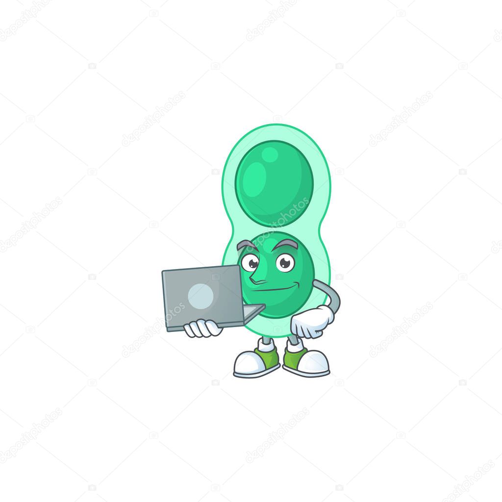 Diligent green streptococcus pneumoniae cartoon drawing concept working from home with laptop. Vector illustration