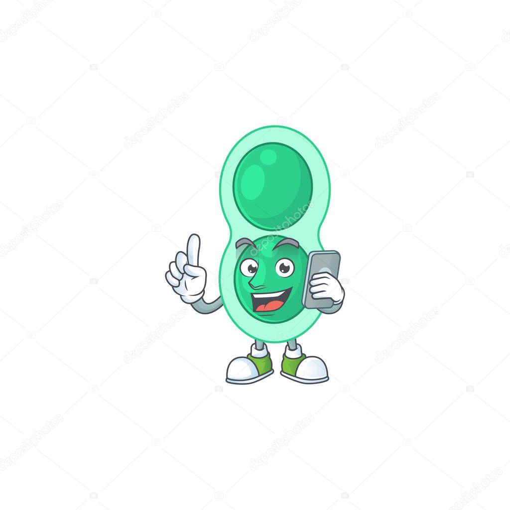 cartoon drawing concept of green streptococcus pneumoniae speaking with friends on phone. Vector illustration