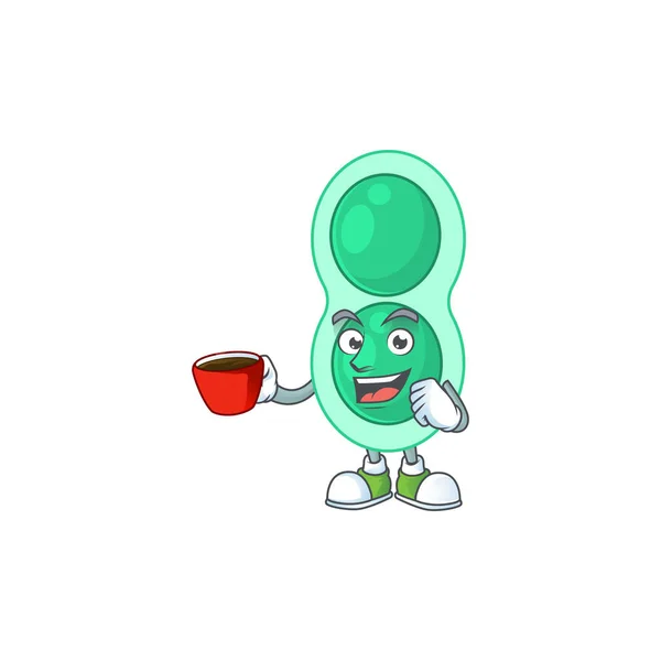 커피를 마시는 연쇄상 Green Streptococcus Pneumoniae 마스코트 디자인 캐릭터 일러스트 — 스톡 벡터