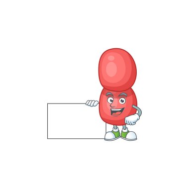 Neisseria gonorrhoeae çizgi filmi beyaz bir tahta tutarak başparmak çiziyor. Vektör illüstrasyonu