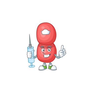 Mütevazı bir hemşire neisseria gonorrhoeae çizgi film karakteri elinde şırınga tutuyor. Vektör illüstrasyonu