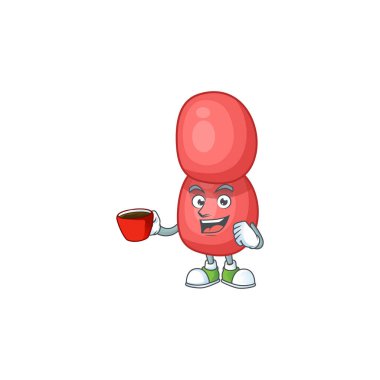 Bir maskot tasarımı karakteri neisseria gonorrhoeae bir fincan kahve içiyor.