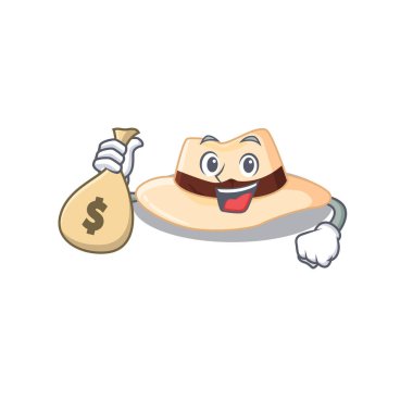 Çılgın zengin panama şapka maskotu tasarımı Para çantaları var