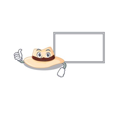 Panama şapkalı çizgi film dizaynı Başparmaklar yukarı, beyaz bir tahta getirin.