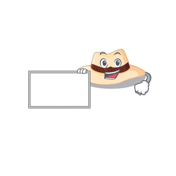 Desenho de personagem de desenhos animados de chapéu panama segurando uma placa —  Vetores de Stock