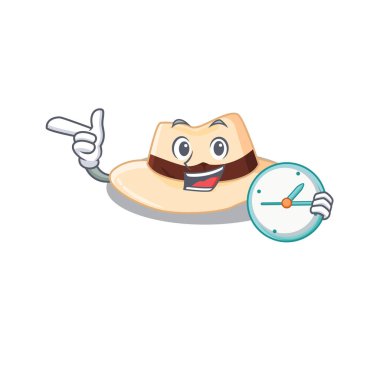 Panama şapkasının maskot tasarımı saat ile ayakta duruyor