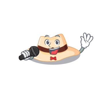 Panama şapkasının çizgi film karakteri mikrofonla şarkı söylüyor.