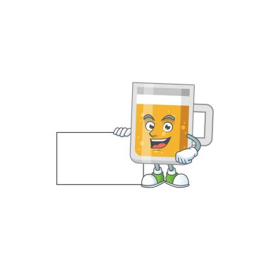 Bir bardak bira karikatürü Başparmaklarını beyaz bir tahtayla kaldırıyor.