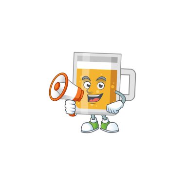 Bir bardak bira karikatür tasarımı megafonlu bir resim.