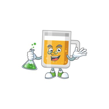 Bir bardak bira zeki Profesör çizgi film karakteri laboratuarda cam tüp tutuyor.
