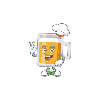 Bir bardak bira şefi çizgi film çizimi konsepti gururla beyaz şapka takıyor.