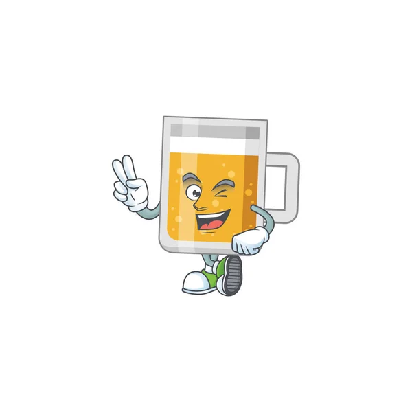 Glimlachend glas bier cartoon mascotte stijl met twee vingers — Stockvector