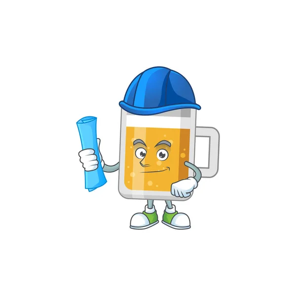 Brillante cristal de arquitecto de estilo de diseño de la mascota de cerveza con estampados azules y casco — Vector de stock