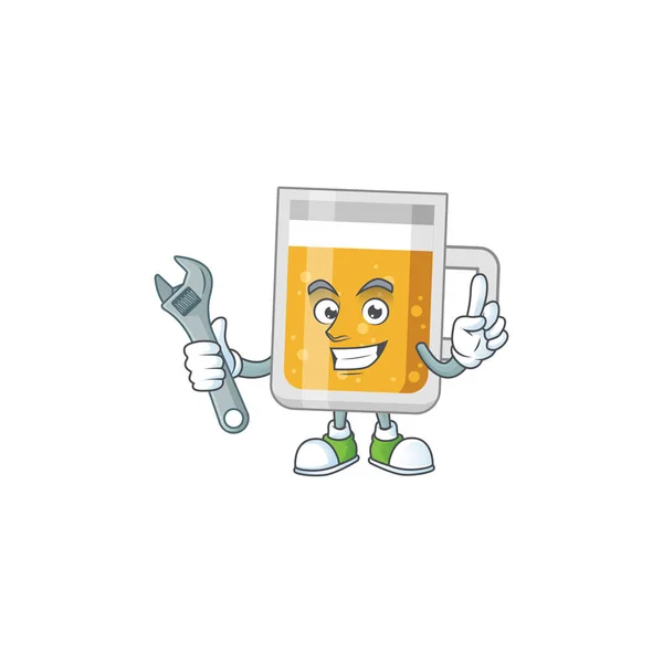 Chytrý mechanik sklenice piva karikatura maskot design opravit rozbitý stroj — Stockový vektor