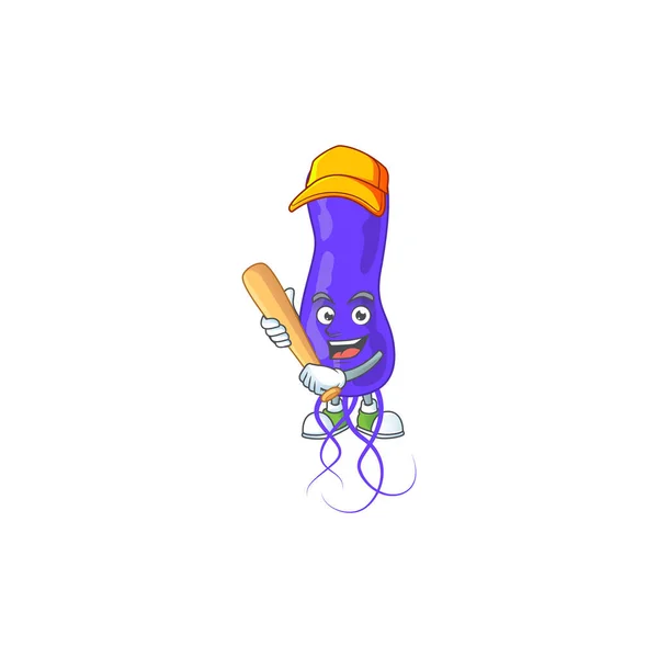 Concepto de diseño de dibujos animados de espirila azul jugando béisbol con palo — Archivo Imágenes Vectoriales